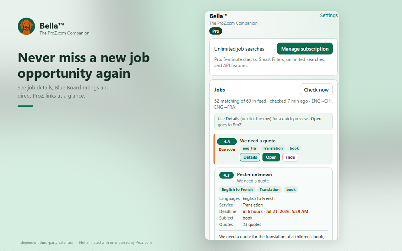 Bella extension popup showing ProZ.com job listings
